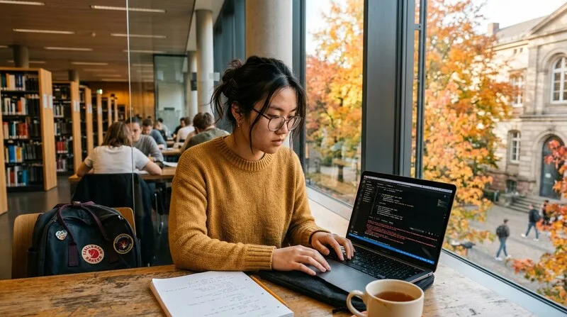 Student lernt konzentriert am Laptop für Prüfung