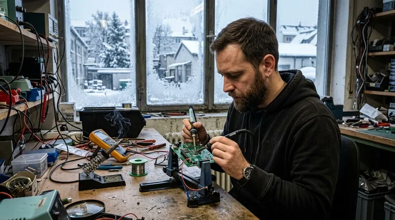 Ingenieurstudent lötet Platine in der Werkstatt — Duales Studium verbindet Theorie und Praxis