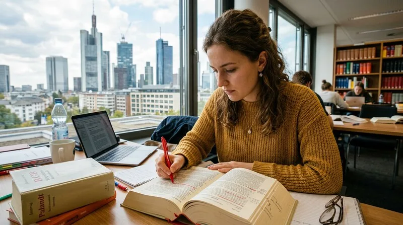Studentin unterstreicht wichtige Stellen in der Literatur für Hausarbeit