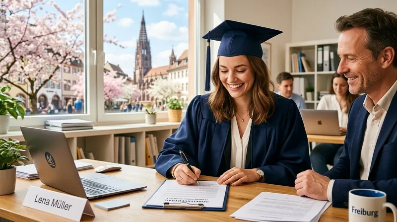 Absolvent unterschreibt Arbeitsvertrag — Studium hat sich gelohnt
