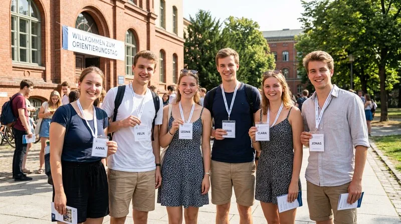 Ersti-Gruppe mit Namensschildern bei der Campus-Orientierung - Erstsemester Survival Guide