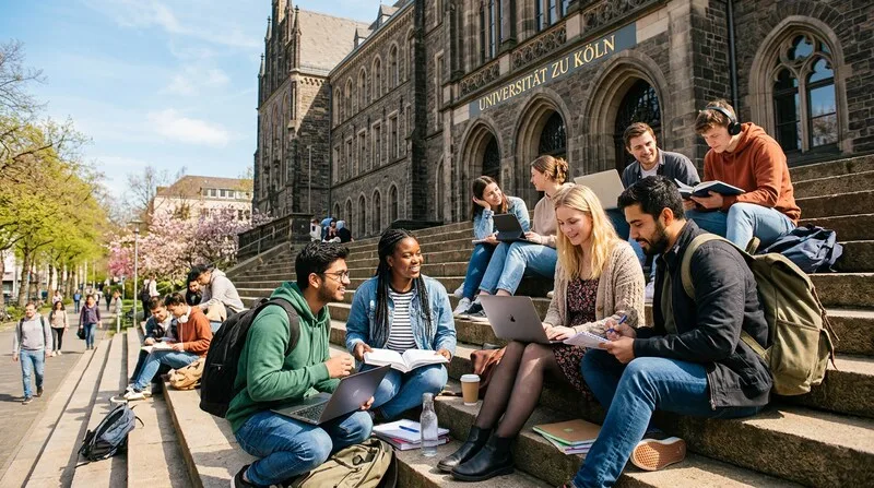 Internationale Erasmus-Studierenden-Gruppe vor der Universität Köln