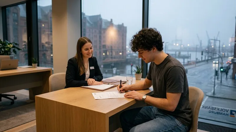 Student unterschreibt Kreditvertrag bei der Bank - Studienkredit beantragen und vergleichen