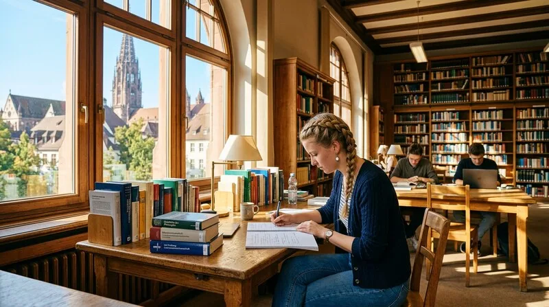 Lesesaal mit Buecher und Schreibtisch im Sonnenlicht — die Bachelorarbeit strukturiert angehen
