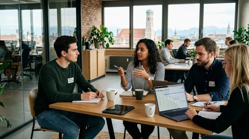 Junger Praktikant in internationaler Teambesprechung
