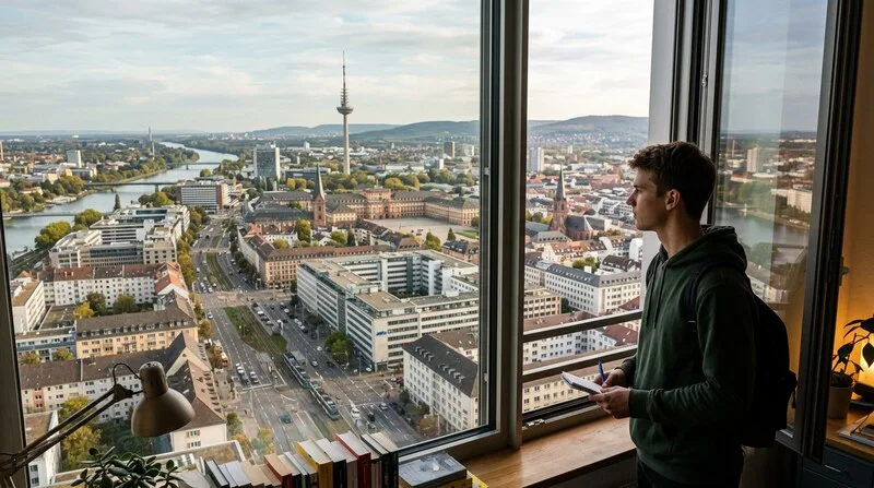 Student mit Ausblick auf die Stadt — Studienkredit als Bruecke zur Karriere