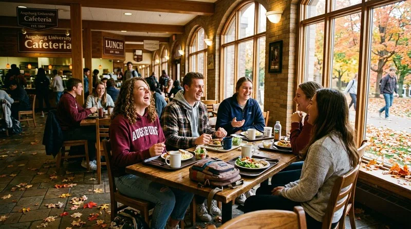 Studierende lachen und entspannen in der Cafeteria im Freien in Augsburg