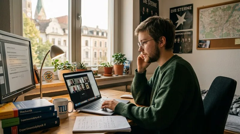 Älterer Student lernt abends am Laptop — Fernstudium oder Teilzeitstudium mit 30